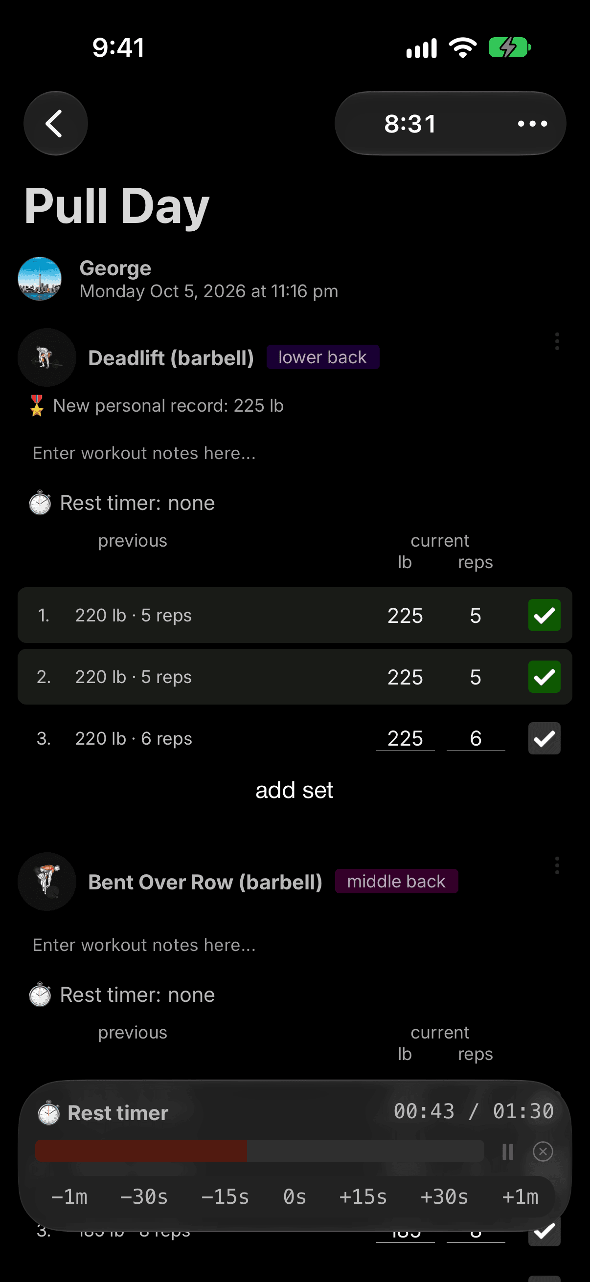 Logging a workout with the rest timer running
