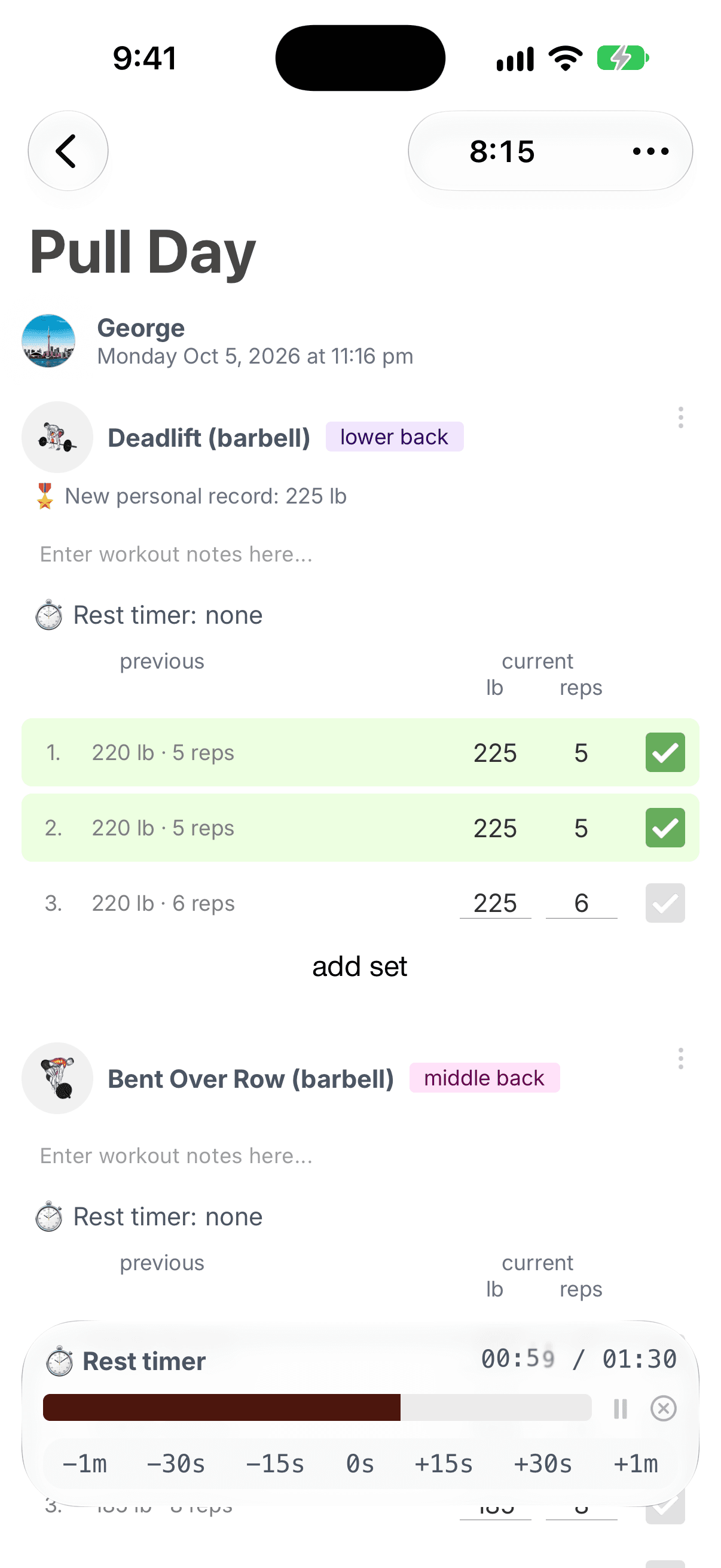 Logging a workout with the rest timer running