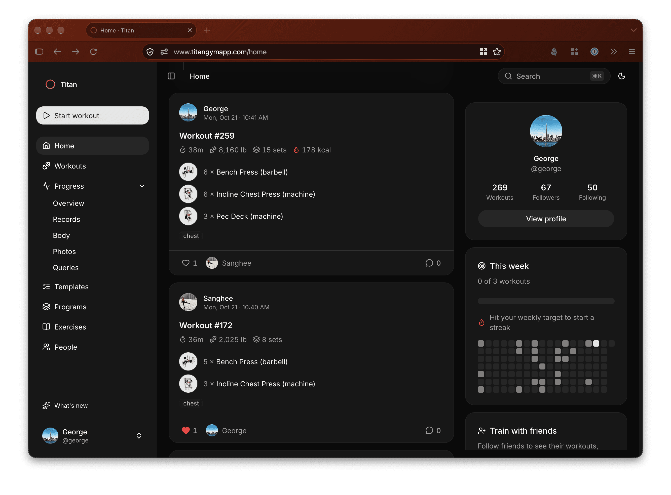 The Titan web app home feed in a browser