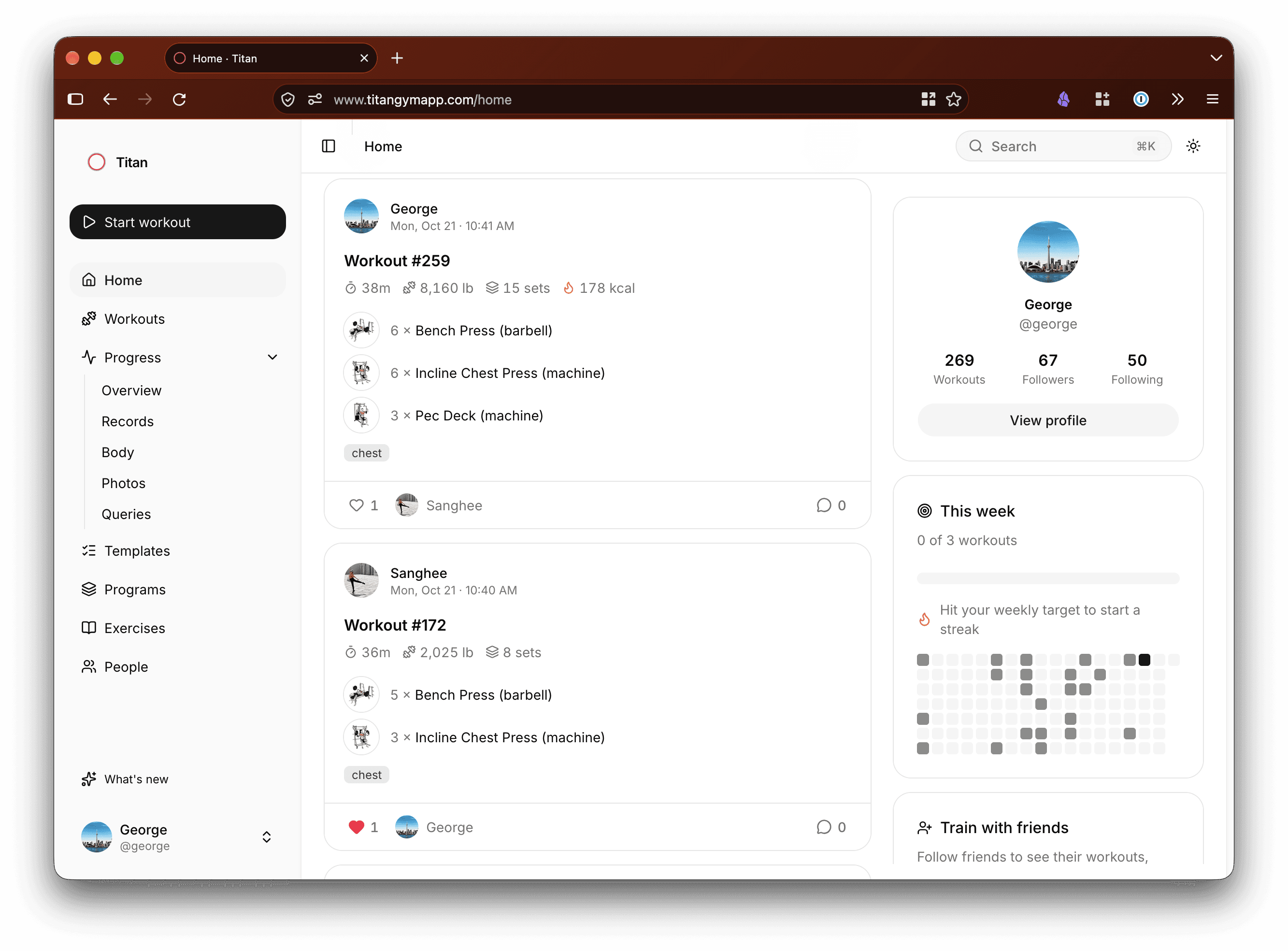 The Titan web app home feed in a browser